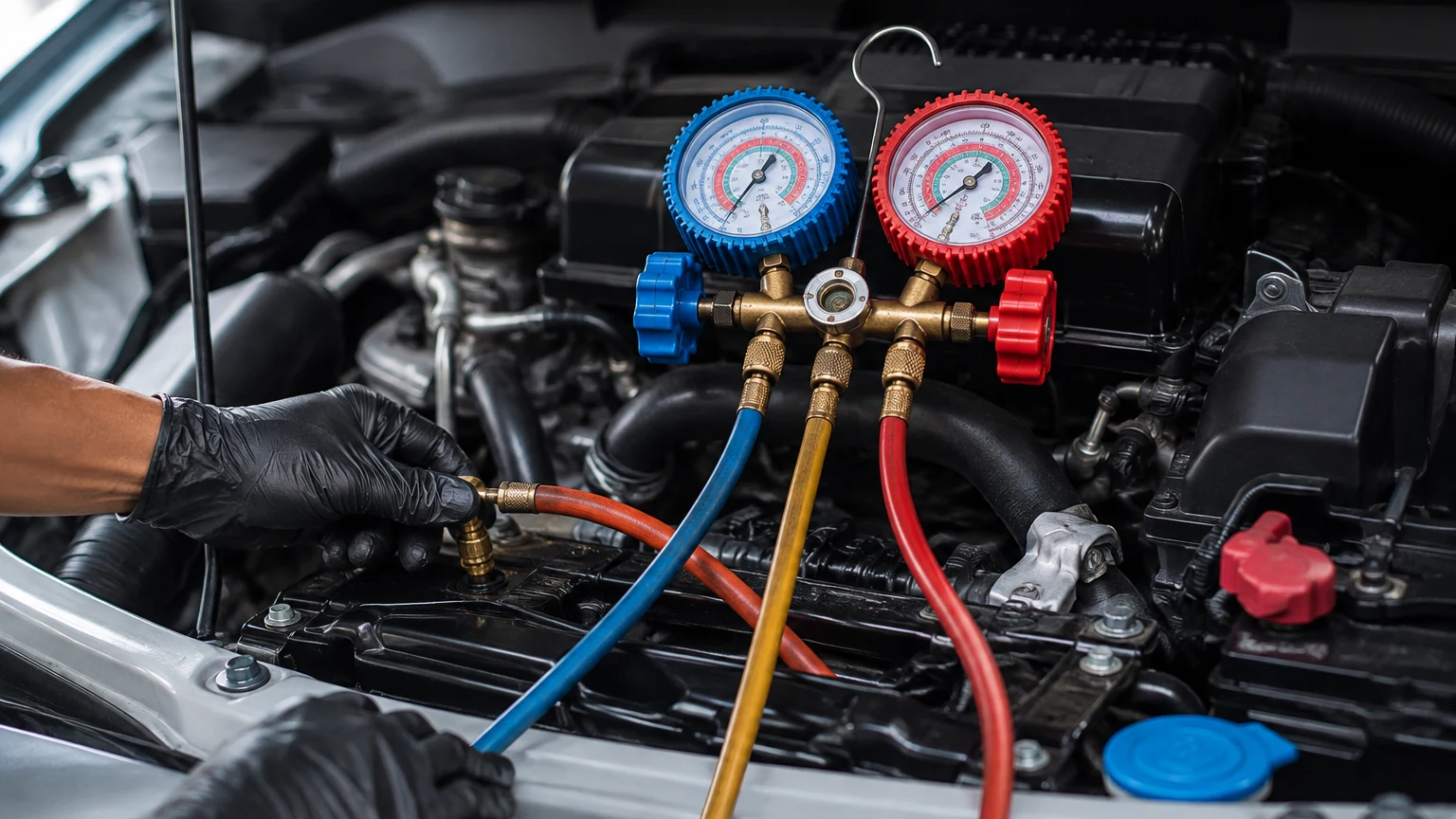 A/C manifold gauges connected during under-hood service