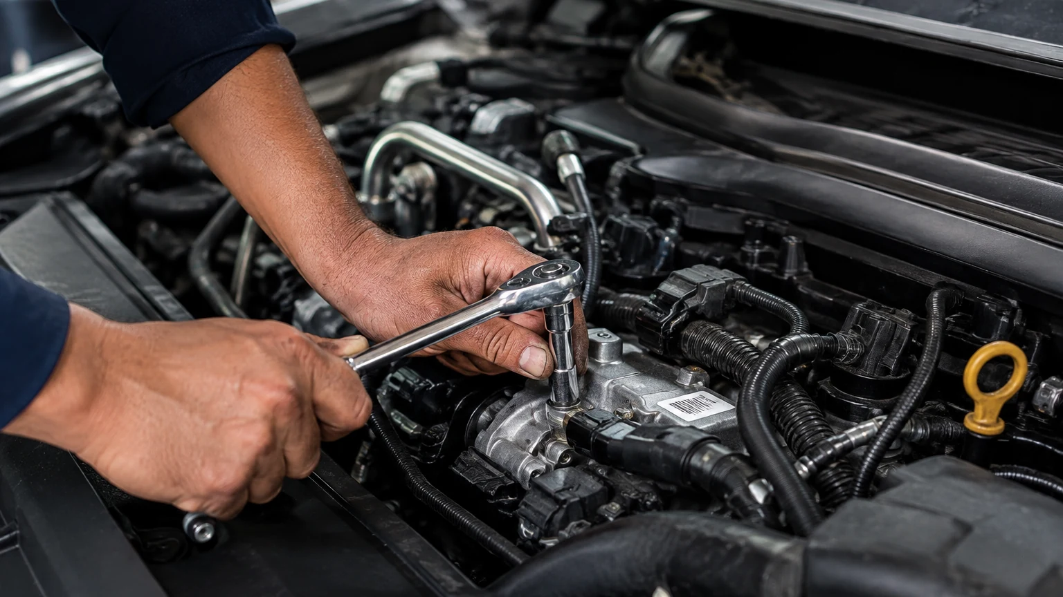 Hands using a ratchet during under-hood mechanical repair