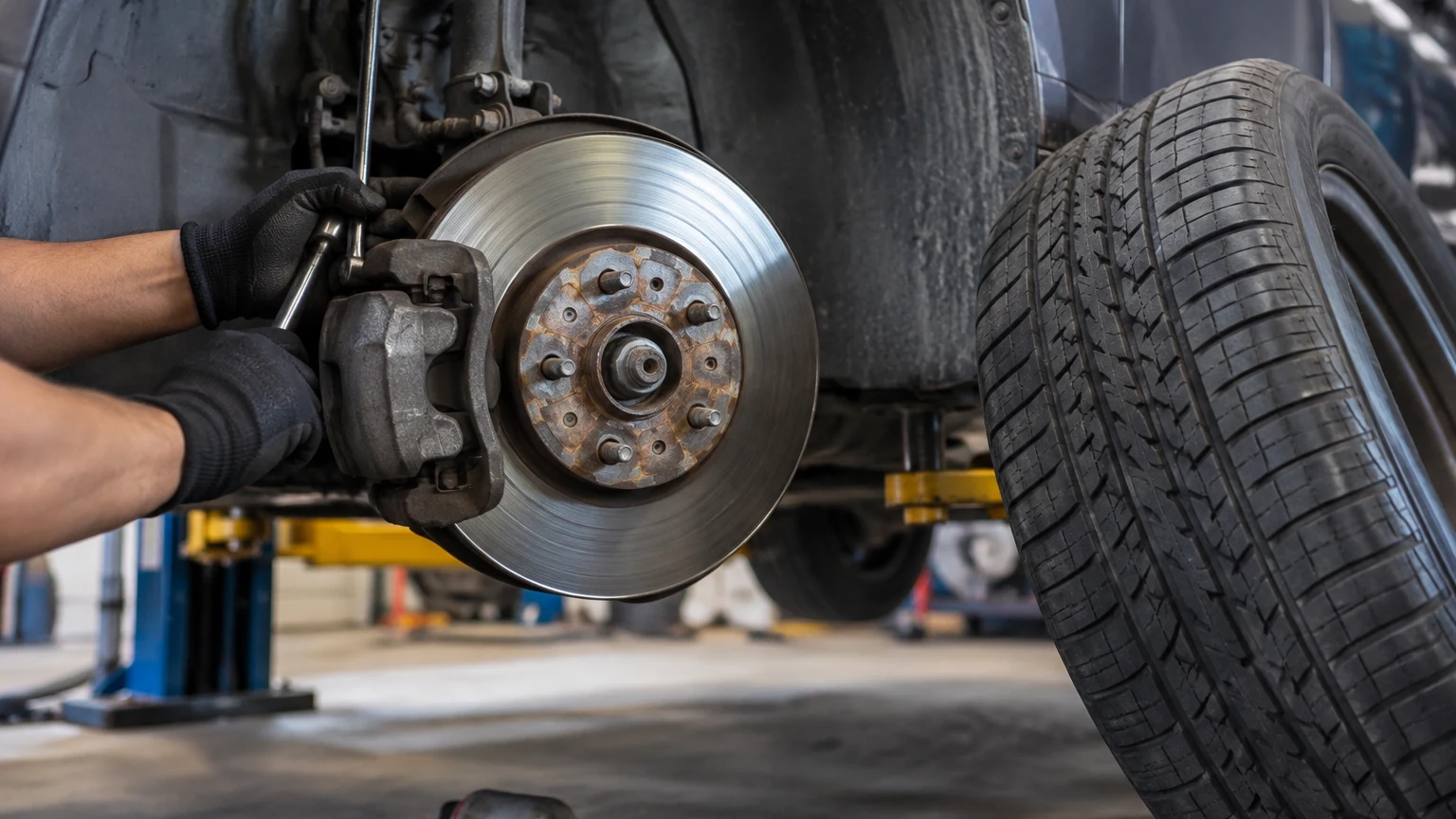 Brake and tire service with the wheel removed in an automotive bay