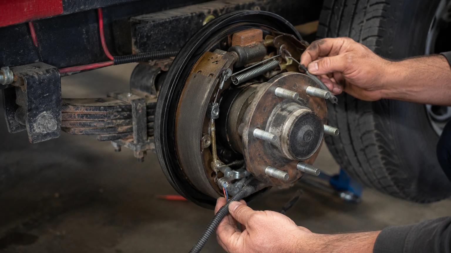 Technician inspecting trailer brake components